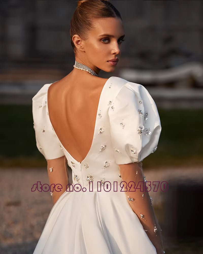 Deep V-Neck Backless Puff Long Sleeve Shiny Beading Crystal Satin A-Line Wedding Dress Vestido De Noiva